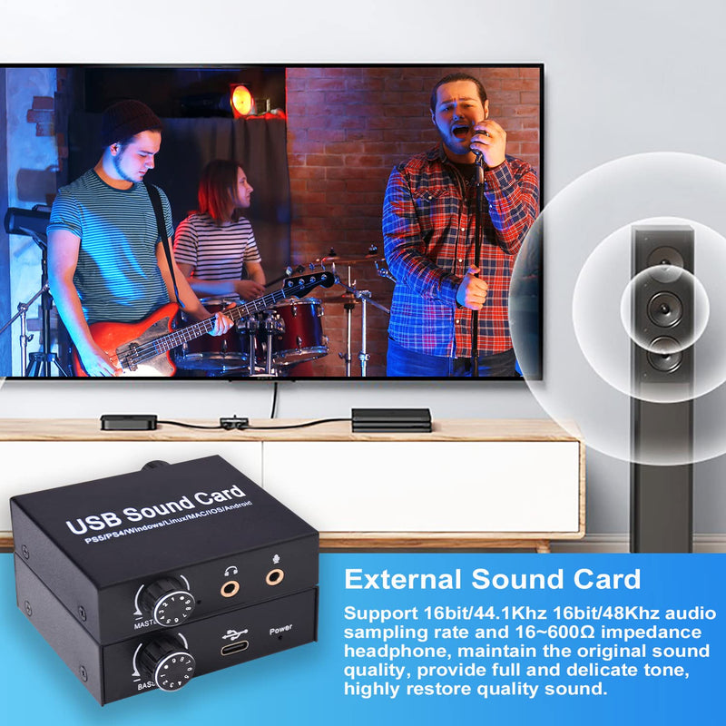  [AUSTRALIA] - External Sound Card, Tendak USB Audio Adapter with Volume Output and Bass Adjustment, Stereo Sound Card with 3.5mm Microphone Port for Windows/Linux/MAC/iOS/Android System, PS5, Laptops, Desktops