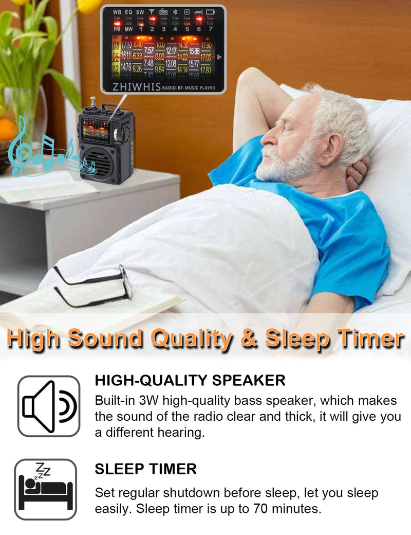  [AUSTRALIA] - ZHIWHIS Bluetooth Speakers, Portable Radio with Sleep Timer, Weather AM FM Shortwave Radios with Best Sound, Retro Analog Tuner with Preset, Rechargeable MP3 Player Support MicroSD Card Grey