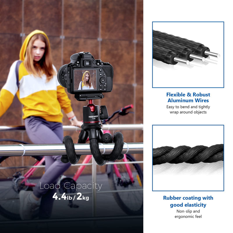  [AUSTRALIA] - NEEWER Camera Flexible Tripod with Remote Shutter, Mount Adapter for Hero 11 10 9 8, Hidden Phone Holder with Cold Shoe, 1/4" Screw for Magic Arm, Bendable Vlogging Tripod, Load Up to 4.4lb - T30