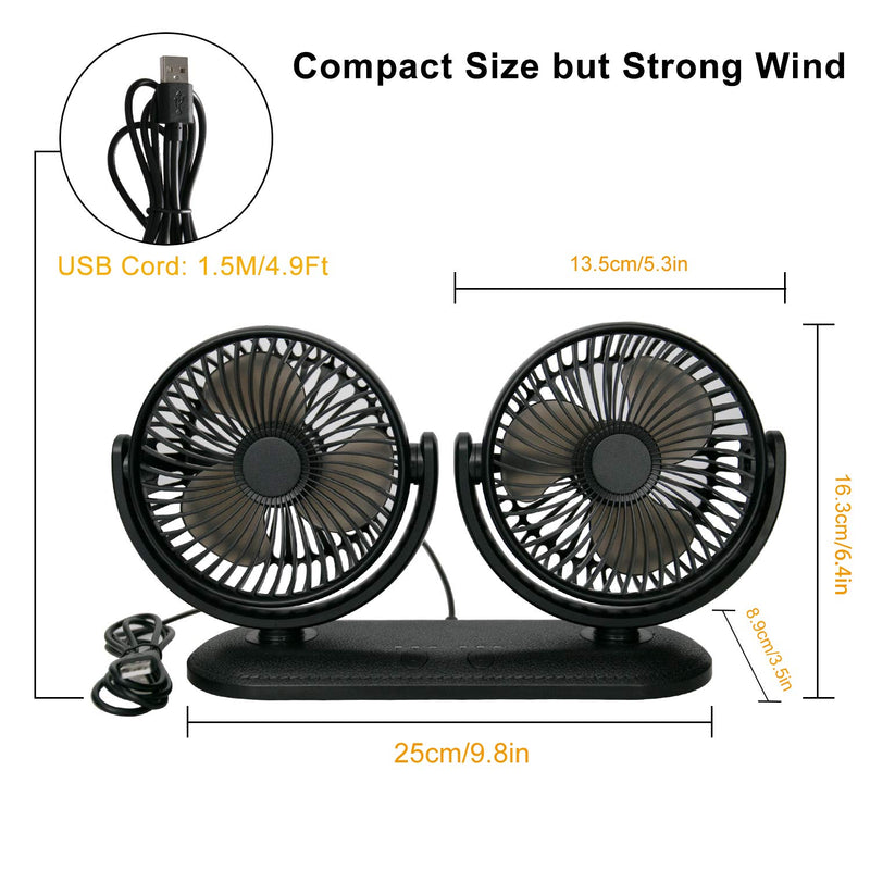 TriPole Car Fan Portable Vehicle Fan Dual Head Electric Fan Vehicle Mounted USB Fan 300 Degree Rotation Auto Cooling Fan 3 Speed Strong Wind Desk Fan for Dashboard SUV RV Truck Sedan Home Office - LeoForward Australia