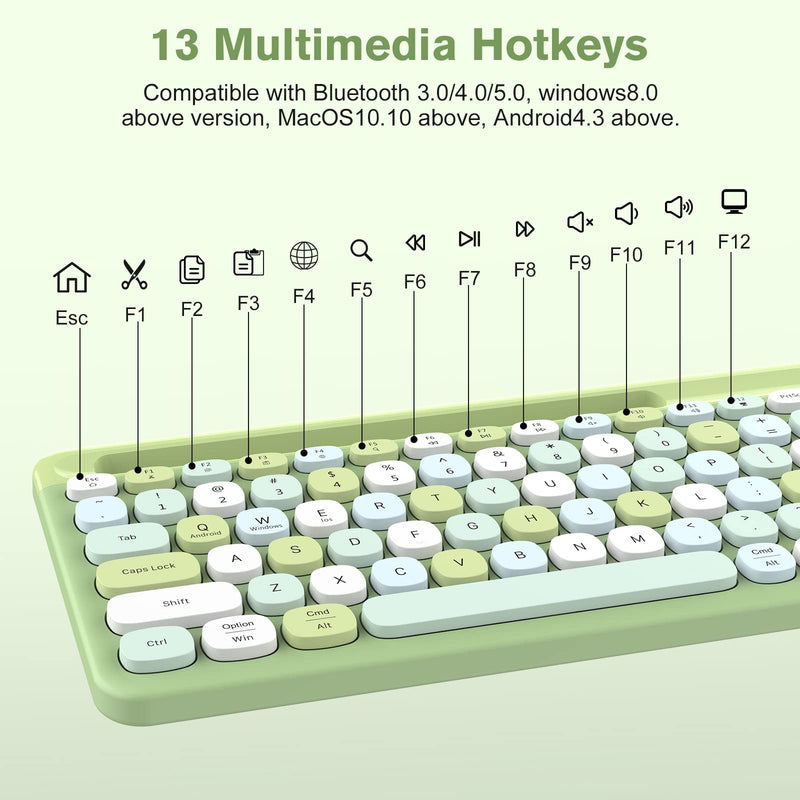  [AUSTRALIA] - Colorful Computer Portable Bluetooth Keyboard, PINKCAT Wireless Mini Compact Retro Typewriter Flexible 84Keys Keyboard Design for Laptop, PC, Notebook, MacBook, iPhone, iPad, Smart TV - Green