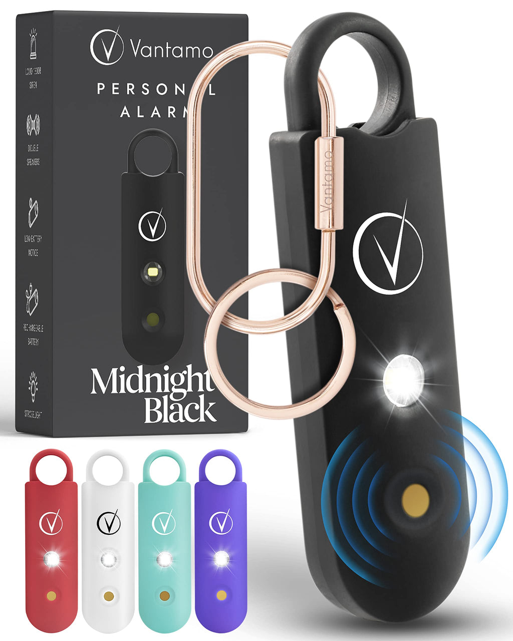  [AUSTRALIA] - Vantamo Personal Alarm for Women - Extra Loud Double Speakers, First with Low Battery Notice with Strobe Light, Rechargeable - Safety Alarm Keychain - Midnight Black Midnight Black.