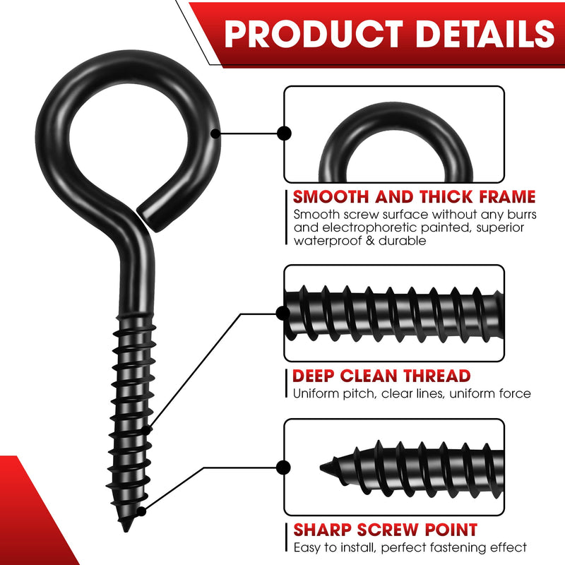  [AUSTRALIA] - 12PCS Screw Eyes, 2.5 Inch Black Eye Hooks Screw Self Tapping Eye, Heavy Duty Eye Bolt for Wood Securing Cables Wire, Hammock Stand, Indoor & Outdoor Use (12PCS 2.5 Inch)