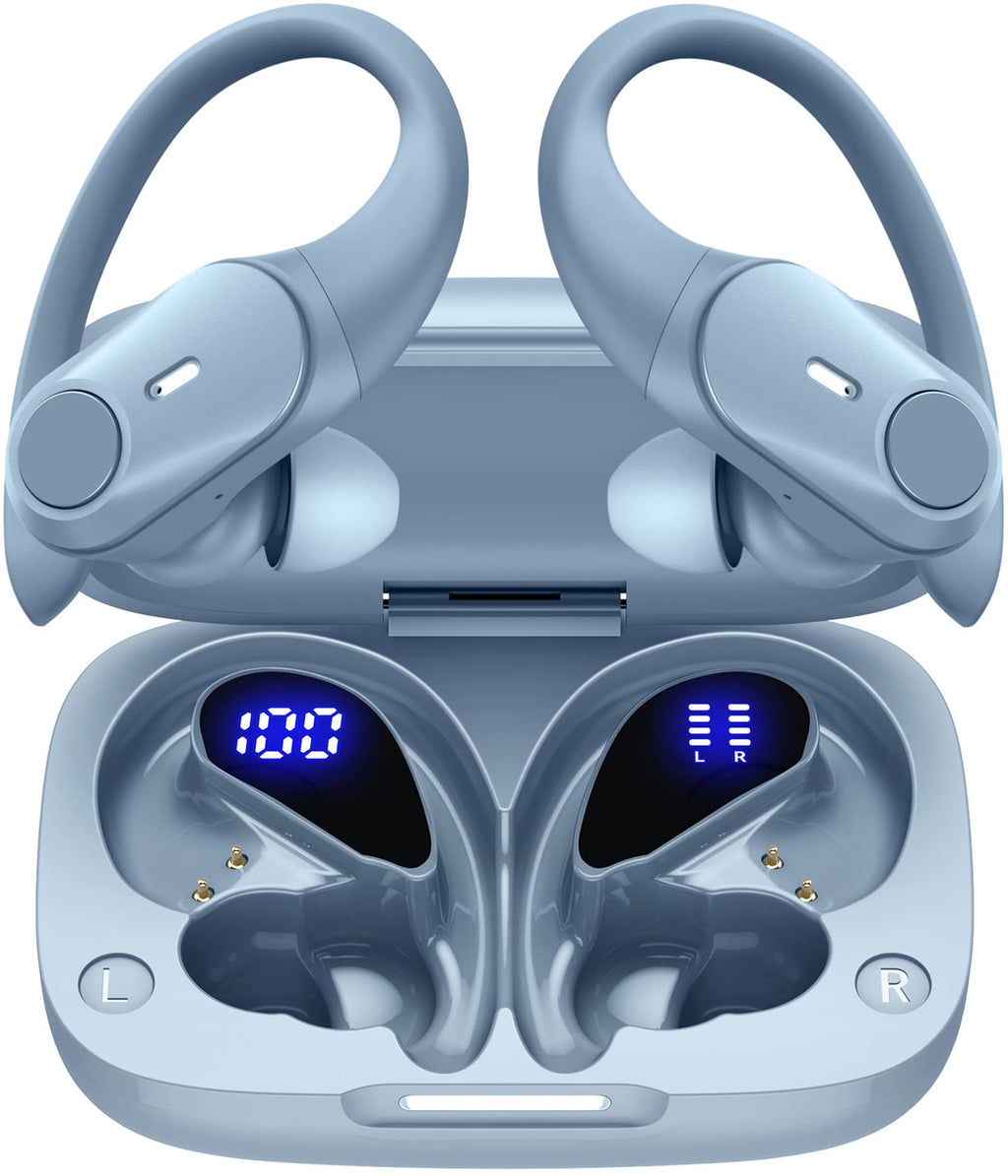  [AUSTRALIA] - GOLREX Bluetooth Headphones Wireless Earbuds 36Hrs Playtime Wireless Charging Case Digital LED Display Over-ear Earphones with Earhook Waterproof Headset with Mic for Sport Running Workout Sierra Blue