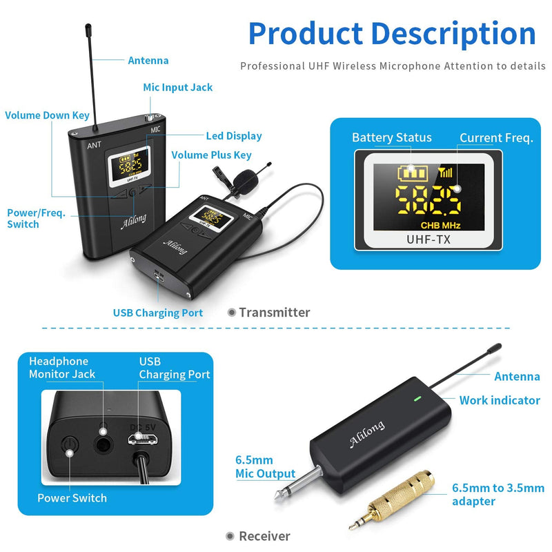  [AUSTRALIA] - Wireless Lavalier Microphone System, Alilong Wireless Headset Mic for Teaching, Rechargeable Lapel Mic with for DSLR Camera, PA Speaker, Mixer, Recorder, Recording