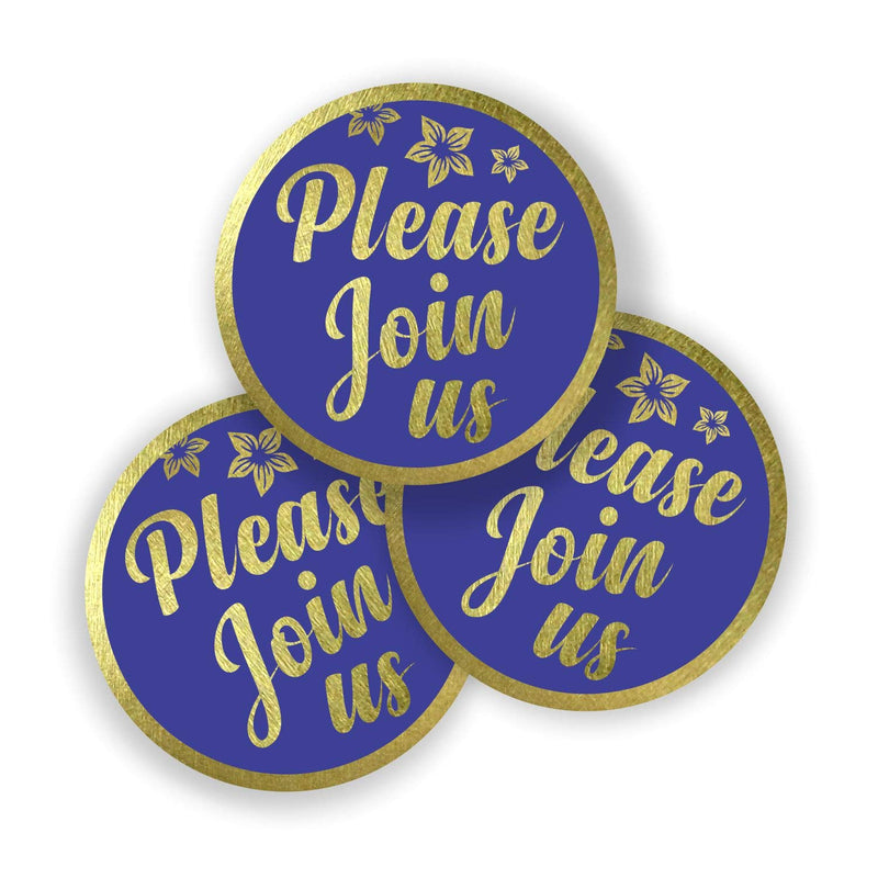 Please Join Us Stickers - (Pack of 120) 2" Large Round Labels Gold Foil Stamping on Blue for Cards Gift Envelope Seals Boxes Please Join Us - Gold Foil - LeoForward Australia