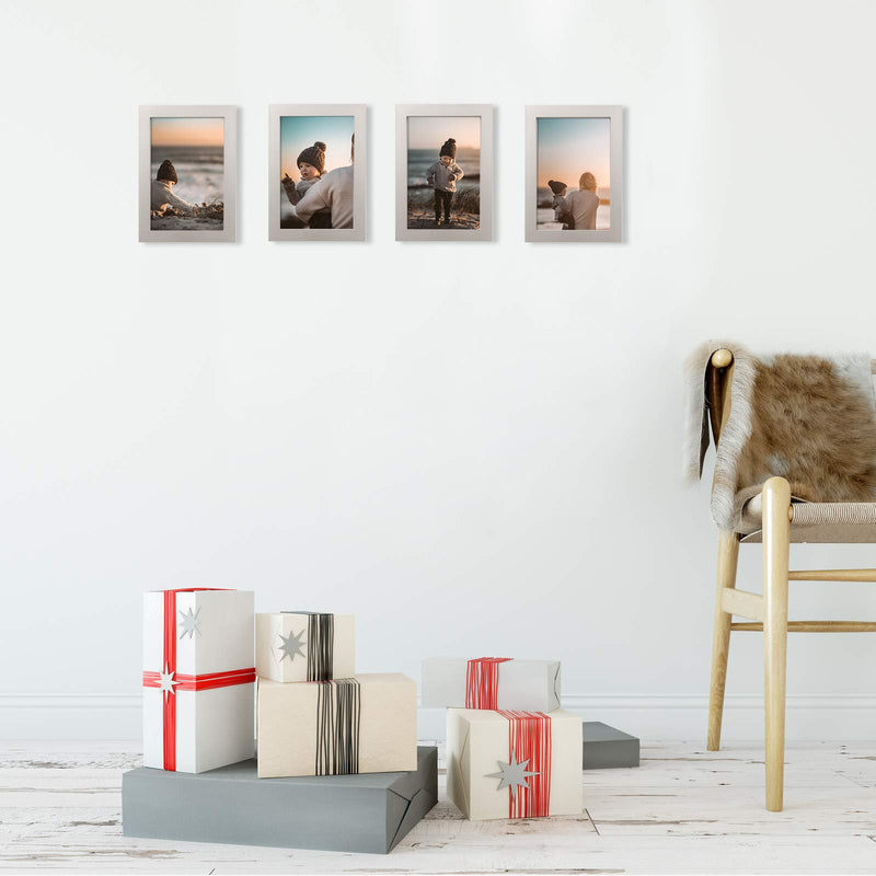  [AUSTRALIA] - KINLINK 4x6 Picture Frames Silver - Nickel Wood Frames with HD Plexiglass for Pictures 4x6 Without Mat, Tabletop and Wall Mounting Display, Set of 4