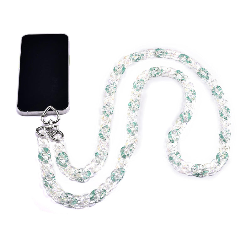  [AUSTRALIA] - Trending Transparent Acrylic Resin Hoops Linked Chain Cell Phone crossbody Strap Necklace Smartphone long shoulder Lanyard Holder For Female Crystal Green