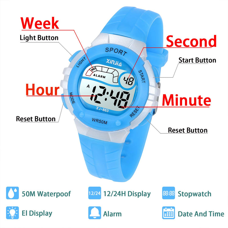 Kids Digital Watches for Girls Boys 50M(5ATM) Waterproof Multi-Functional WristWatches for Children Blue - LeoForward Australia