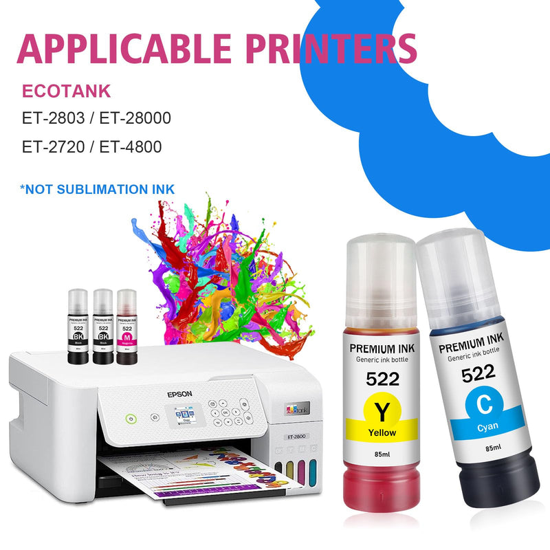  [AUSTRALIA] - 522 Ink Refill Bottles (Non-Sublimation Ink) Replacement for Epson 522 T522 Refill Ink Refill Bottles, Compatible with Use for EcoTank ET-2803 ET-2800 ET-2720 ET-4700 ET-4800 Printer