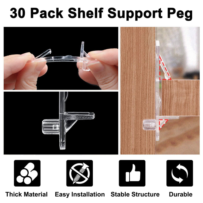  [AUSTRALIA] - INCREWAY 30 Pack Shelf Support Peg, Clear Plastic Cabinet Shelf Pins, Self-Locking Bracket Clips for Supporting Furniture Kitchen Bookcase Closet Shelf, Fits 5/8" Shelves 5mm*16mm