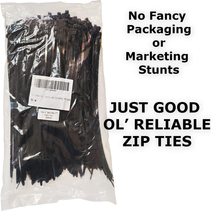  [AUSTRALIA] - 250 Pack Heavy Duty Black Cable Zip Ties. 12 by 0.18 Inch Wide Nylon Tie. Zipties for Indoor or Outdoor Wire Management for Large Thick Electrical Cables to Small Assorted Sizes Bulk Computer Cords. 12 Inches 250 pcs