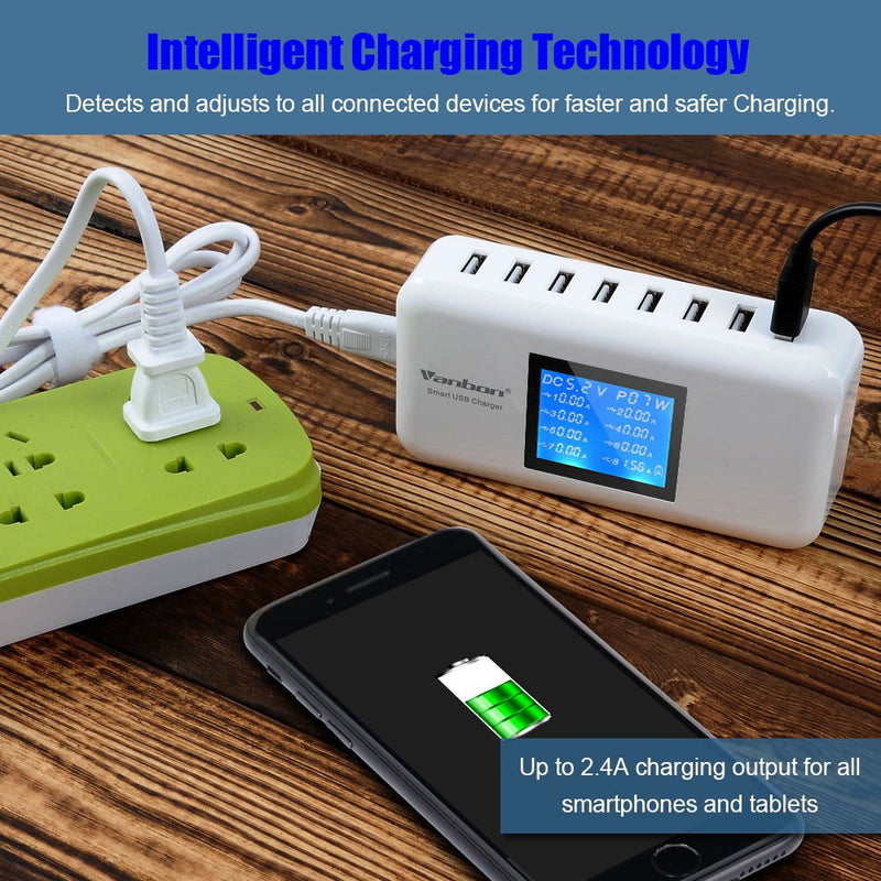  [AUSTRALIA] - Vanbon 60W 8-Port USB Wall Charger, Multi Port USB Charger Charging Station W/LCD Compatible with Smart Phone, Tablet and Multiple Devices 60W Charger-White