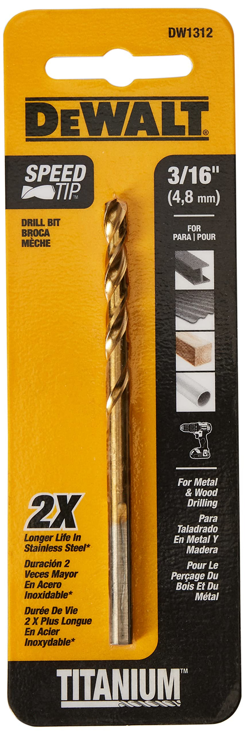  [AUSTRALIA] - DEWALT 3/16-Inch Titanium Nitride Coated, Split Point Twist Drill Bit (DW1312) 3/16 IN