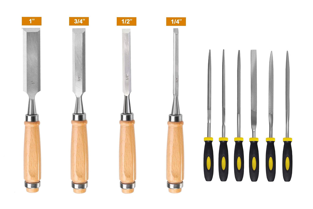  [AUSTRALIA] - Wood Chisel Metal File,1/4,1/2,3/4,1Inch Chisel Set,Needle Files Set with Flat,Flat Warding,Square,Triangular,Round,Half-Round Files for Carving,Woodworking,Craftsman-10pcs Hand Chisel+File Set
