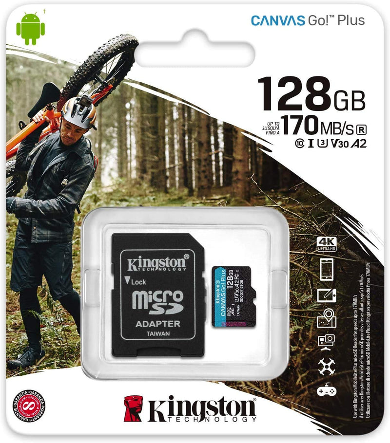  [AUSTRALIA] - Kingston 128GB MicroSD Canvas Go Plus Memory Card with Adapter Works with GoPro Hero 10 (Hero10) Class 10, V30, A2, SDXC (SDCG3/128GB) Bundle with (1) Everything But Stromboli MicroSD Card Reader