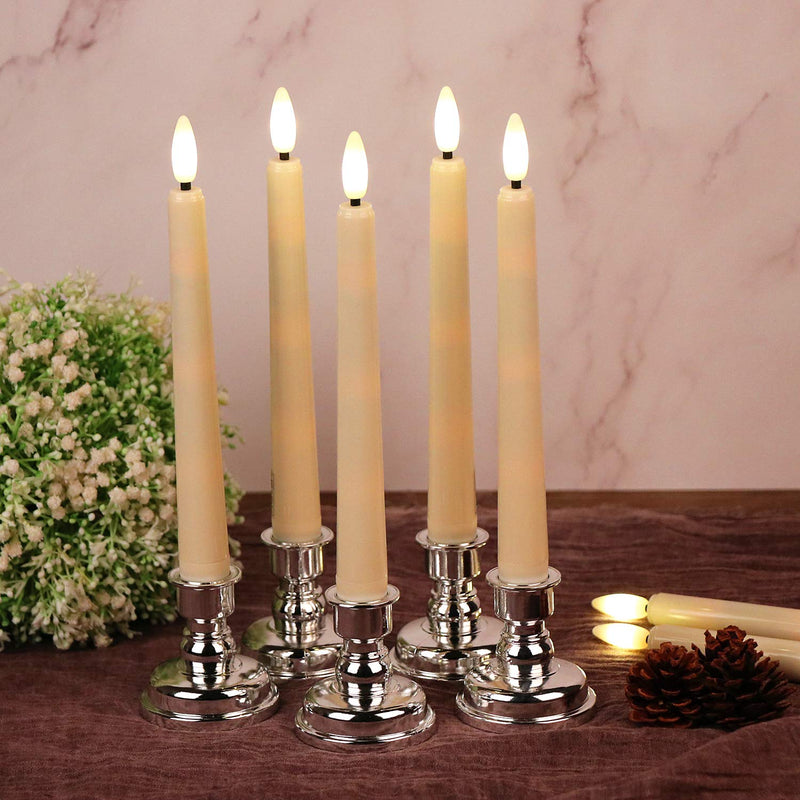  [AUSTRALIA] - OWLBAY 4 Pack 3D Wick Flameless Window Candles with Remote & Timer, 8”H Ivory Battery Operated LED Taper Candles, Warm White Flame Flickering Light, Ideal for Tabletop/Christmas/Wedding/Party Decor… Ivory Candles With Silver Holders 4pack