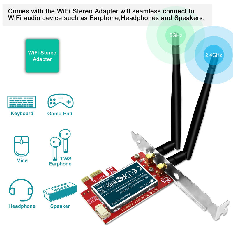  [AUSTRALIA] - FebSmart Wireless AC 1200Mbps PCIE Wi-Fi Card with WiFi Stereo Adapter for Windows 11,10 (32/64bit), Windows 8.1 64bit and Windows Server 2012, 2012R2, 2016, 2019 Desktop PCs (FS-AE120SE)