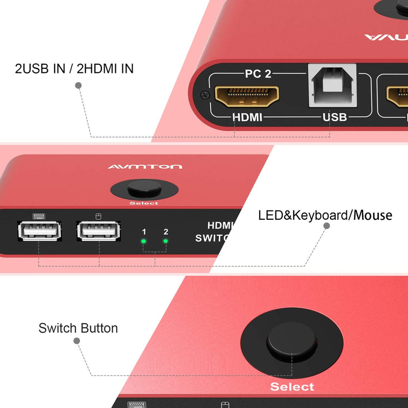  [AUSTRALIA] - KVM Switch HDMI 2 Port 4K,AVMTON KVM HDMI Switches Box 2 in 1 Out,for 2PC Share 1 Monitor and One Keyboard Mouse,KVM Switch Displayport,Support 4K@30Hz 3D 1080P and Hotkey Switch Red