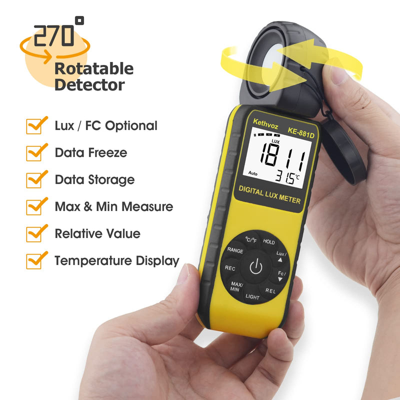  [AUSTRALIA] - Light Meter Foot Candle Lumen Tester, Kethvoz Digital Luxometro Measure Lighting Luminosity Brightness 0.1~400,000 Lux for Photography LED Plant Grow Light Aquarium KE-881D