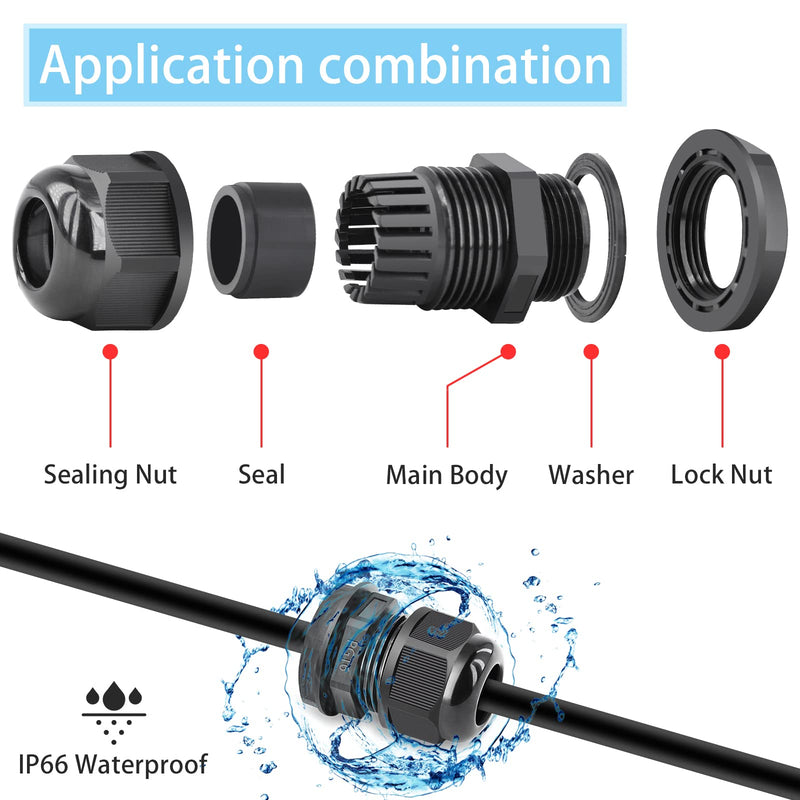  [AUSTRALIA] - NineLeaf 5 Different Sizes Cable Gland, 4 Connectors of Each Size IP68 Waterproof Adjustable Cable Connectors Adjustable 3-13mm Cable Glands Joints with Gaskets -PG7, PG9, PG11, PG13.5, PG16
