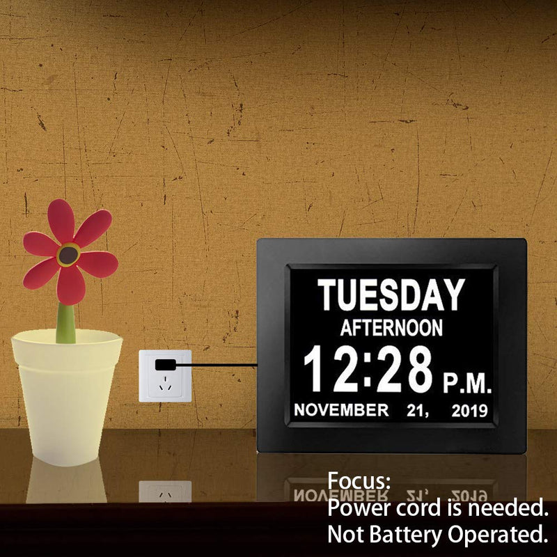 Digital Calendar Alarm Day Clock - with 8” Screen Display, am pm, 5 Alarm, for Extra Impaired Vision People, The Aged Seniors, The Dementia, Wall Mounted, black - LeoForward Australia