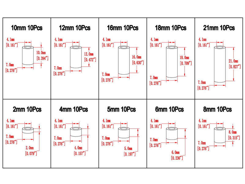  [AUSTRALIA] - Electronics-Salon Black Nylon Round Spacer Assortment Kit, Not Threaded for M4 Screws, Plastic. OD 7mm, ID 4.1mm, L 2mm 4mm 5mm 6mm 8mm 10mm 12mm 16mm 18mm 21mm.