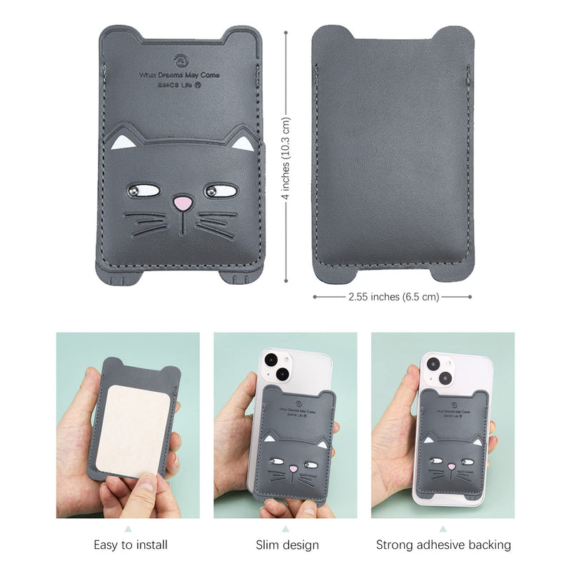  [AUSTRALIA] - Cell Phone Wallet,Gray Leather Cute Kitty, Secure Card Holder for iPhone, Android & Smartphones,Premium Leather,Adhesive Sleeve Pocket,Minimalist Design