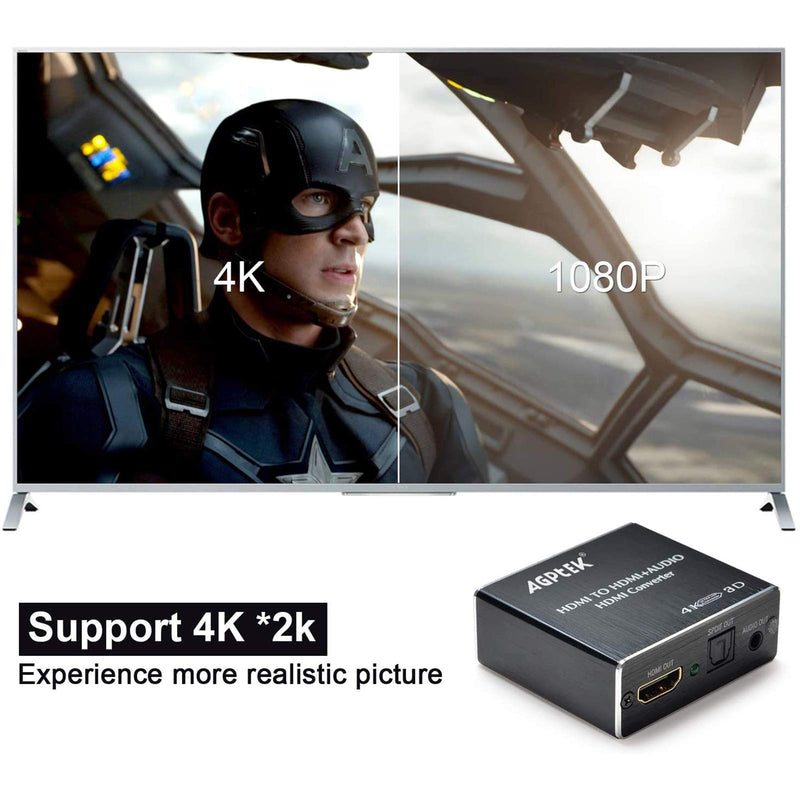  [AUSTRALIA] - AGPTEK 4K x 2K HDMI Audio Extractor Splitter, HDMI to HDMI Audio Converter Adapter Support Ultra HD 4K Toslink Optical Audio Output and 3.5mm Audio with Optical Fiber Cable