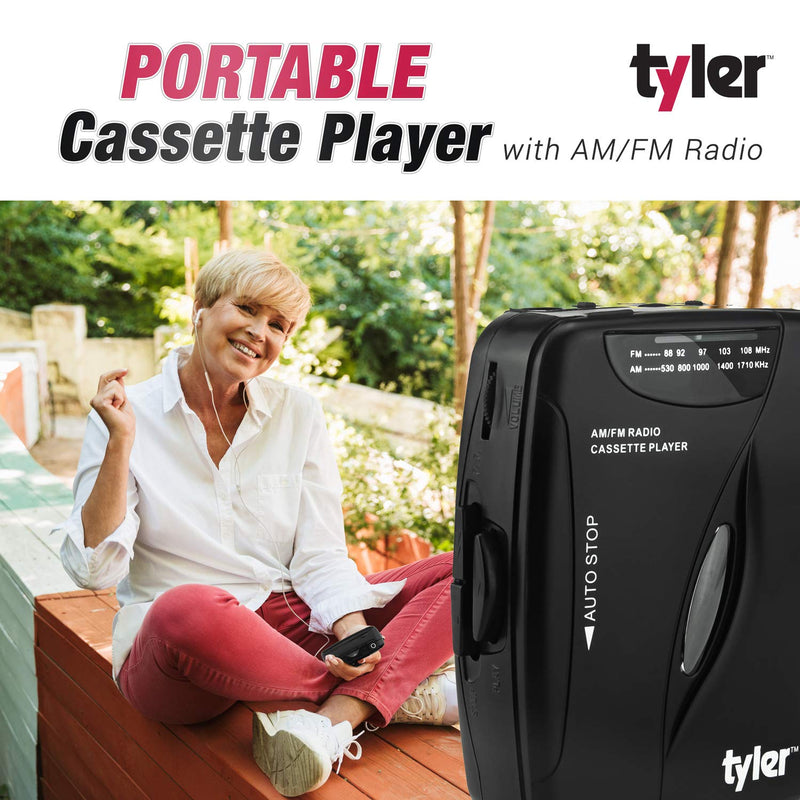  [AUSTRALIA] - Tyler TCP-02 Portable Stereo Cassette Player - Slim 7 x 5 x 2-Inch Listening Device with Tape Deck and Dual Band AM/FM Radio - Retro-Style Battery-Operated Music Tool with Sport Earbuds and Belt Clip