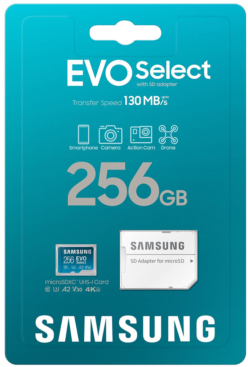  [AUSTRALIA] - SAMSUNG EVO Select Micro SD-Memory-Card + Adapter, 256GB microSDXC 130MB/s Full HD & 4K UHD, UHS-I, U3, A2, V30, Expanded Storage for Android Smartphones, Tablets, Nintendo-Switch (MB-ME256KA/AM)