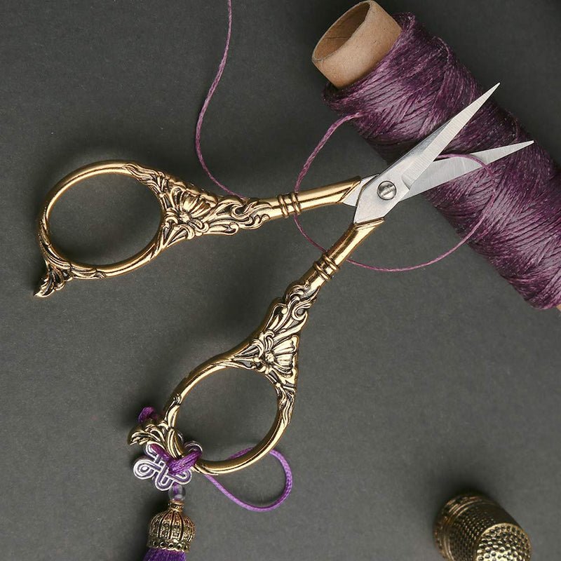  [AUSTRALIA] - Vintage European Style Sewing Scissors, Embroidery Scissors Sharp Tip Stainless Steel, Craft Scissors Sewing Tools, Tailor Scissor with Thimble,Tassel, Dressmaker Shears for Fabric(Golden)