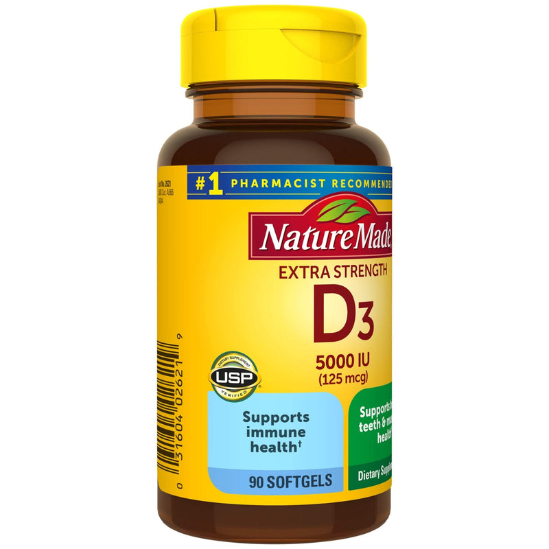 Nature Made Extra Strength Vitamin D3 5000 IU (125 mcg), Dietary Supplement for Immune Support, 90 Softgels, 90 Day Supply 90 Count (Pack of 1) - LeoForward Australia