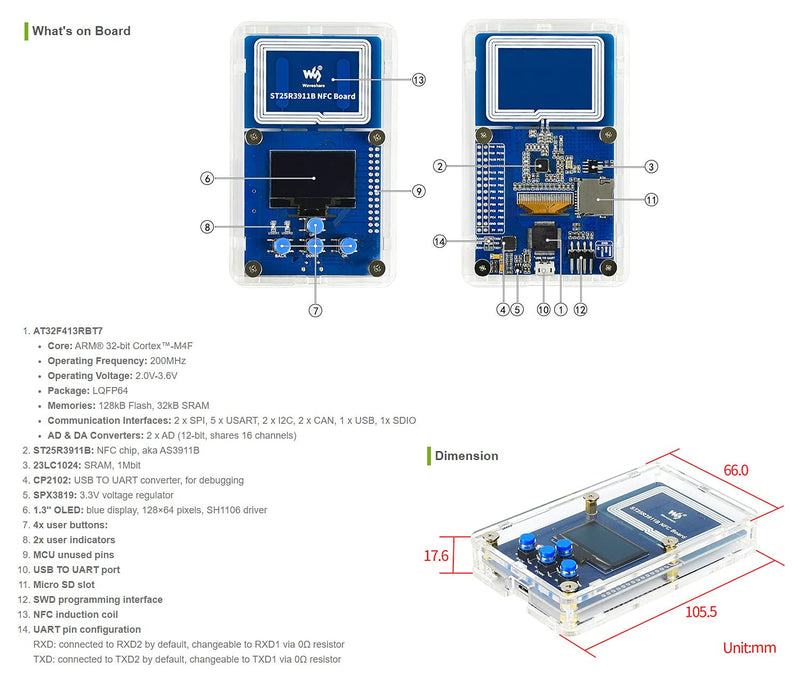  [AUSTRALIA] - Waveshare ST25R3911B NFC Development Kit with AT32F413RBT7 Controller NFC Reader OLED Display Supports Multi NFC Protocols