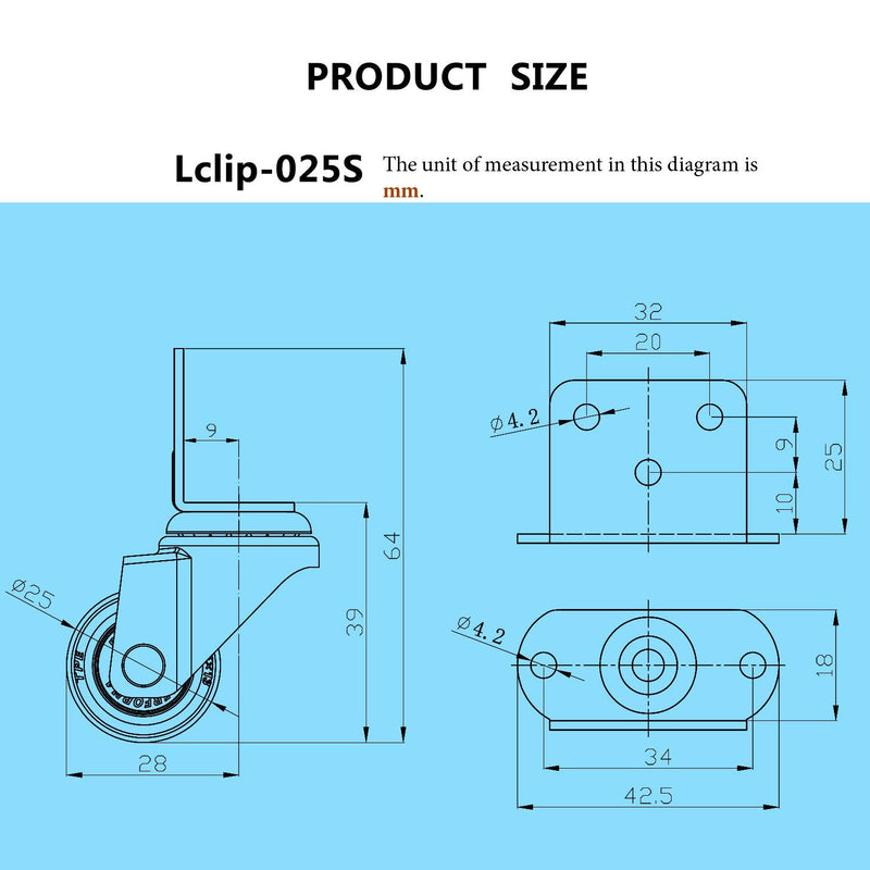  [AUSTRALIA] - Casoter 1"(25mm) L-Shaped Plate Swivel Caster, Ball Bearing L-Clip Side Mount Plate Thermoplastic Elastomer Rubber Wheel, 4 Pack Total Load Capacity 80Lbs/36Kg for Narrow Install Place of Furniture