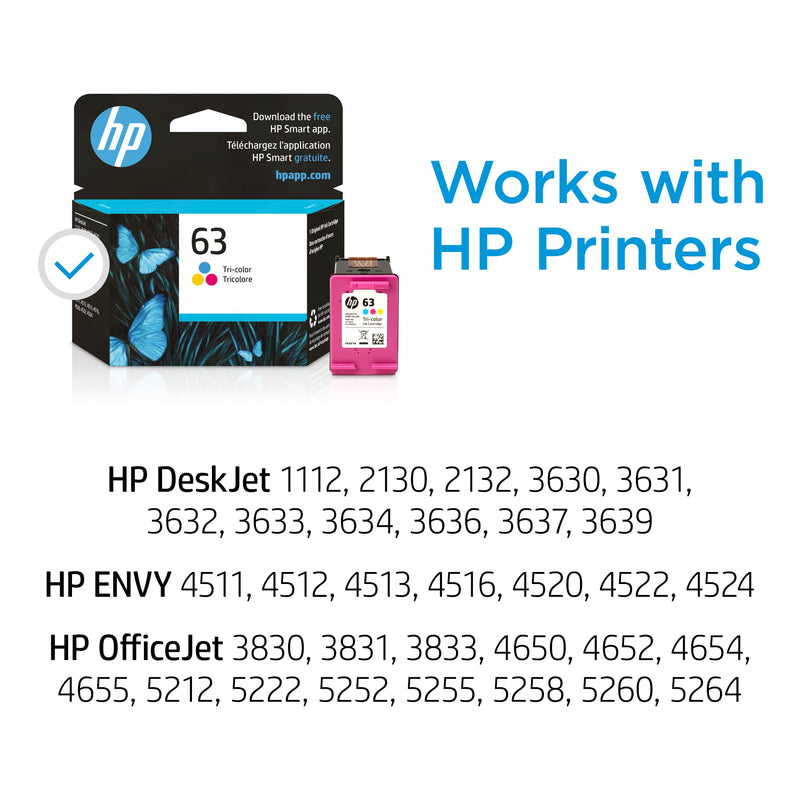 [AUSTRALIA] - HP 63 Tri-color Ink Cartridge | Works with HP DeskJet 1112, 2130, 3630 Series; HP ENVY 4510, 4520 Series; HP OfficeJet 3830, 4650, 5200 Series | Eligible for Instant Ink | F6U61AN