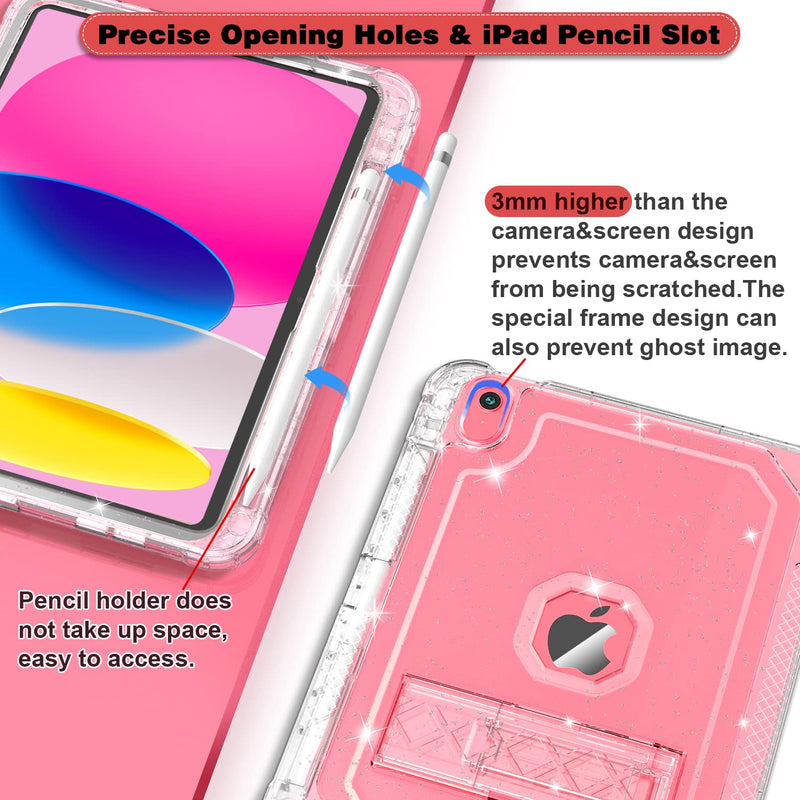  [AUSTRALIA] - ZoneFoker Case for iPad 10th Generation 10.9 inch 2022, Heavy Duty Shockproof Rugged Protective with Pencil Holder, 10.9" 10 Gen Translucent Cover with Kickstand for Kids, Clear Glitter