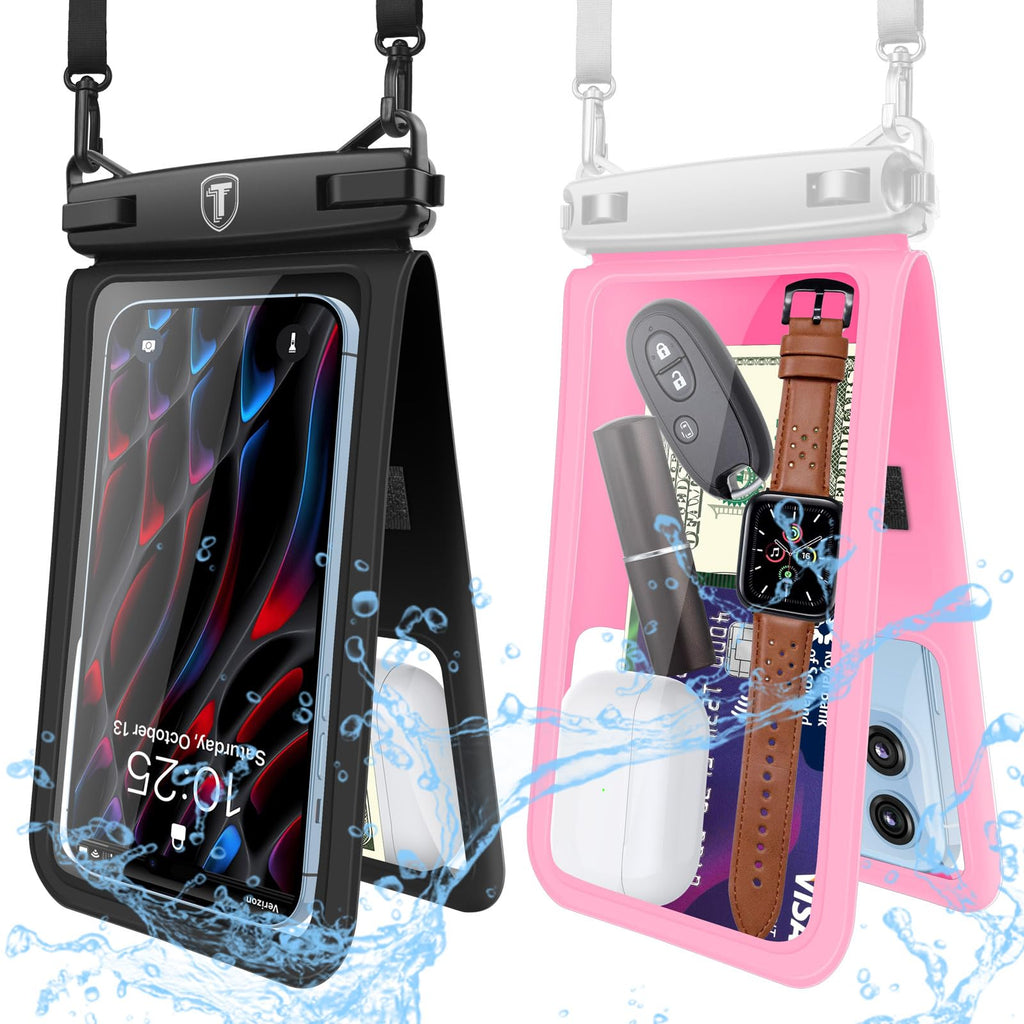  [AUSTRALIA] - Tekcoo Double Space Detachable Waterproof Phone Case [2-Pack] IPX8 Pouch Lanyard Dry Bag for iPhone 14/13/12/11 Pro Max/Pro/Xr/Xs/SE/8 Plus, Galaxy S23/S22/S21/S20/Note 20/10/S10/A14/A13 5G up to 7" 2-Pack-BlackPink