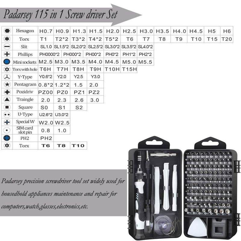  [AUSTRALIA] - Padarsey Precision Screwdriver Set 115 in 1 Repair Tools Kit with Magnetic Driver Kit,Electronics Precision Screwdriver Set with Portable Bag for Repair Computer, Cell Phone, PC, iPhone,Lap Black