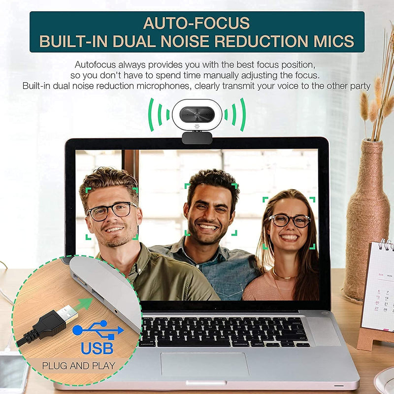  [AUSTRALIA] - 1080P Webcam with Microphone for Desktop, Streaming Webcam with 3-Level Brightness Adjustable Ring Light, USB PC Computer Camera for Video Conferencing/Calling/Live Streaming/Online Learning