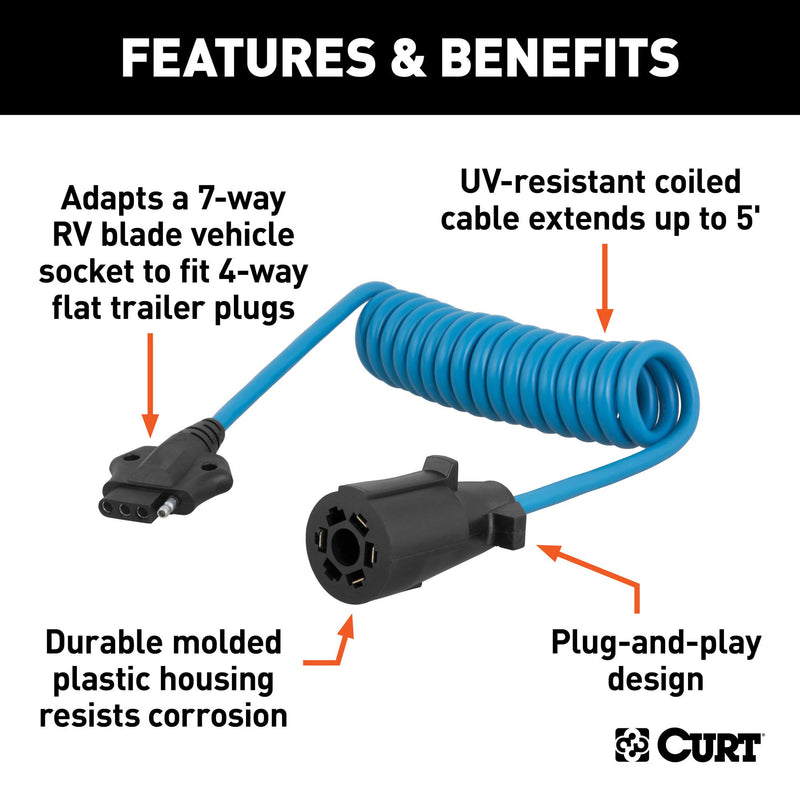  [AUSTRALIA] - CURT 57271 5-Foot 7-Way RV Blade Vehicle-Side to 4-Way Flat Trailer Wiring Adapter Extension Harness