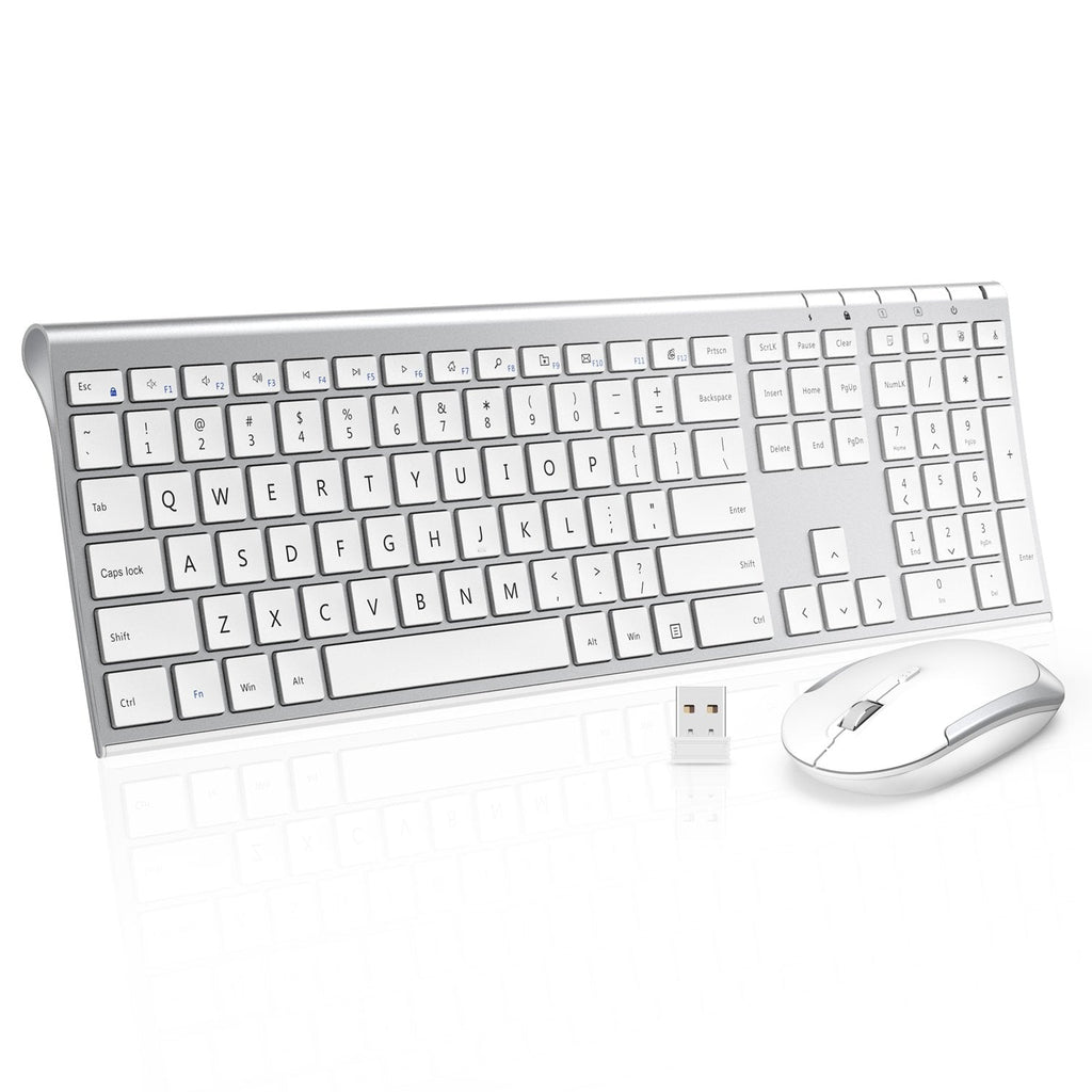 [AUSTRALIA] - Wireless Keyboard and Mouse Combo, 2.4GHz Ultra-Slim Aluminum Rechargeable Keyboard with Whisper-Quiet Mouse for Windows, Laptop, PC, Desktop - White and Silver