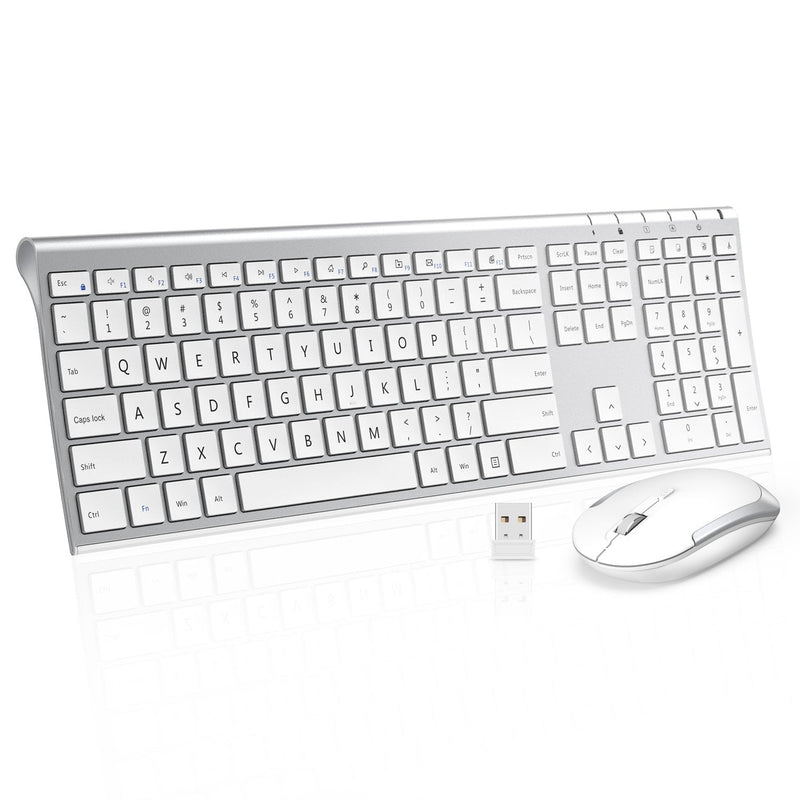  [AUSTRALIA] - Wireless Keyboard and Mouse Combo, 2.4GHz Ultra-Slim Aluminum Rechargeable Keyboard with Whisper-Quiet Mouse for Windows, Laptop, PC, Desktop - White and Silver