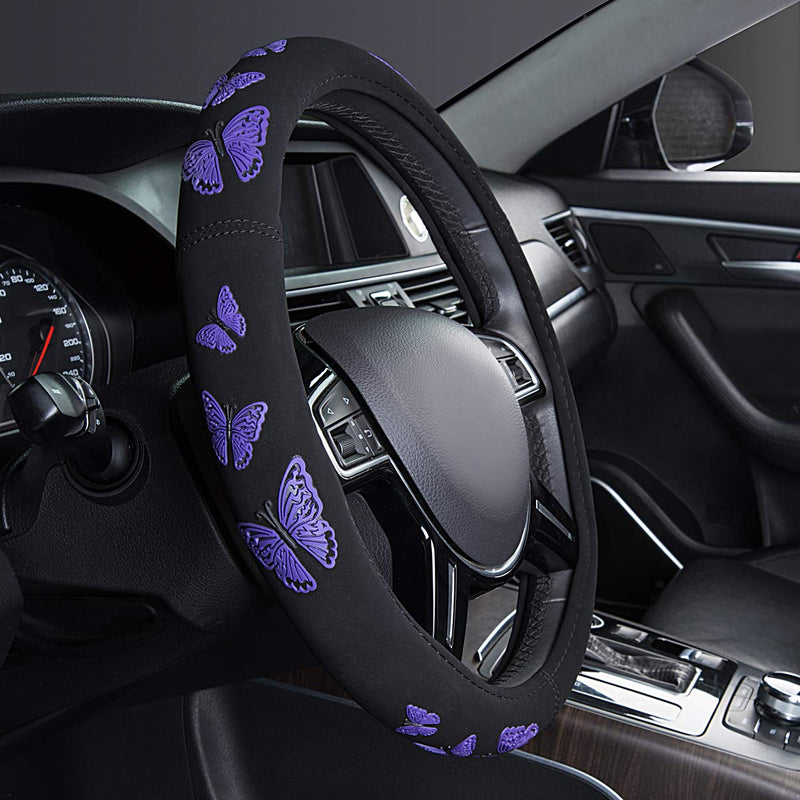  [AUSTRALIA] - CAR PASS Pretty Butterfly Universal Steering Wheel Cover,Fit for Suvs,Vans,Trucks,Sedans,Cars(Black and Purple) Black And Purple