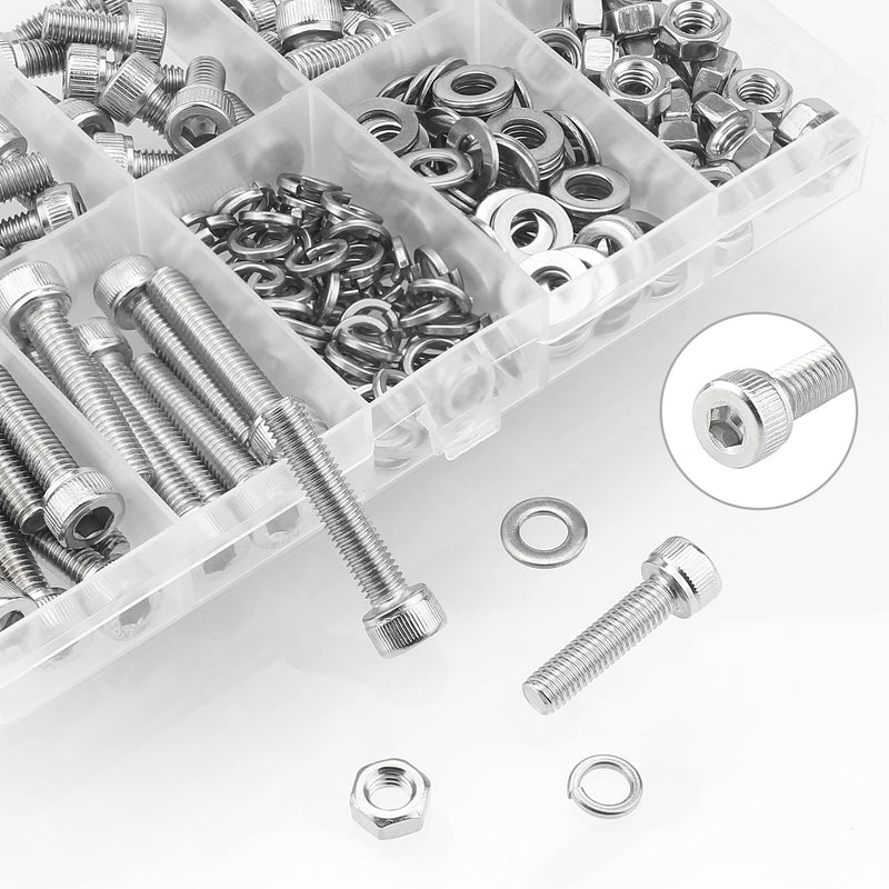 [AUSTRALIA] - HELIFOUNER 240 Pieces M5 x 6mm /8mm /10mm /12mm /16mm /20mm /25mm, Hex Socket Head Cap Screws Bolts Washers Nuts Kit, 304 Stainless Steel