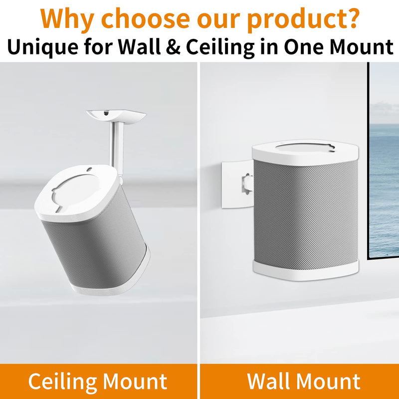  [AUSTRALIA] - Ceiling Mount and Wall Mount Bracket for Sonos One, One SL, Play 1 Speaker Tilt & Swivel Adjustment Compatible with One SL, One, Play:1 Mounting Brackets, White