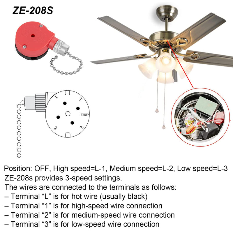  [AUSTRALIA] - ZE-208s Ceiling Fan Switch, 3 Speed 4 Wire E89885 Pull Chain Switch Appliances Speed Control Ceiling Fan Replacement Part (Nickel Chain) Nickel