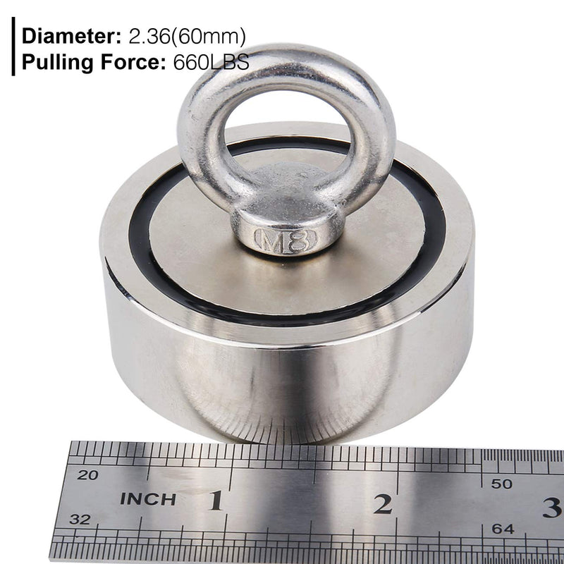  [AUSTRALIA] - Fishing Magnet (Double-Sided Magnetic) 600LBS Pulling Force Rare Earth Neodymium Magnet with Eyebolt Diameter 2.36 inch (60mm) Superior Magnetics for Underwater Salvage, Retrieval and Recovery