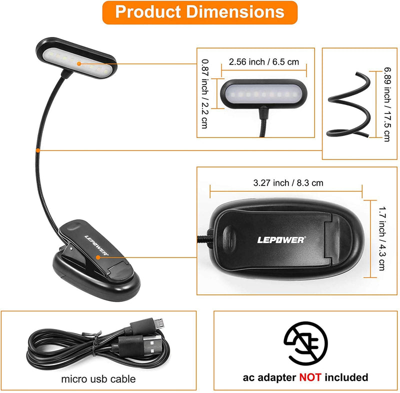  [AUSTRALIA] - LEPOWER 9 LED Book Light Clip on Reading Light, Portable Music Stand Light, Lightweight Clip Light, Eye Caring 3 Color x 3 Brightness, USB& Battery Operated, Perfect for Bookworms & Kids