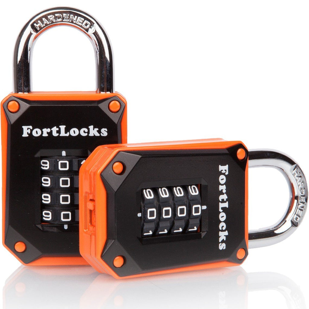  [AUSTRALIA] - 2 Pack FortLocks Gym Locker Lock - 4 Digit, Heavy Duty, Hardened Stainless Steel, Weatherproof and Outdoor Combination Padlock - Easy to Read Numbers - Resettable and Cut Proof Combo Code - Orange